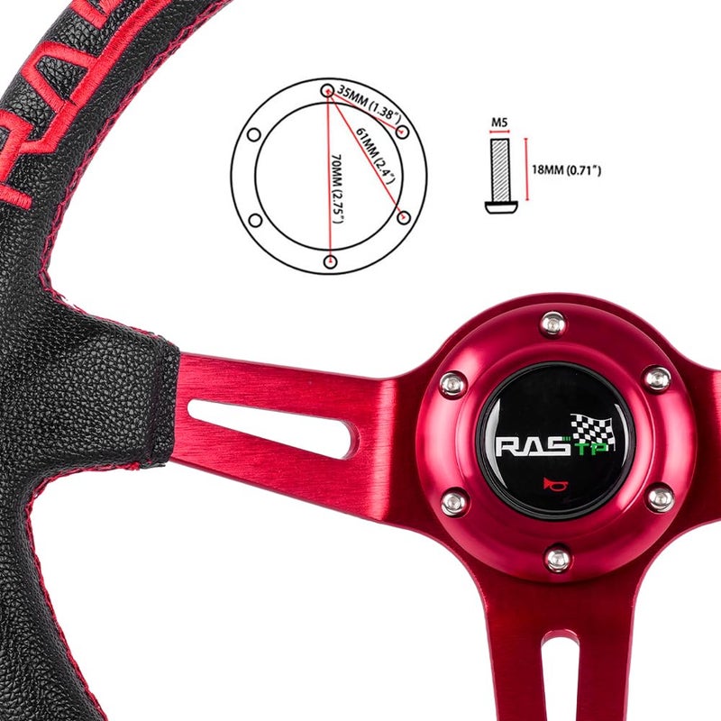 RASTP Universal Racing Steering Wheel,Deep Dish Steering Wheel Leather Embroidery 13.58â€/345mm 6 Bolts with Horn Button Include Cable, Wrench,Red - Image 4